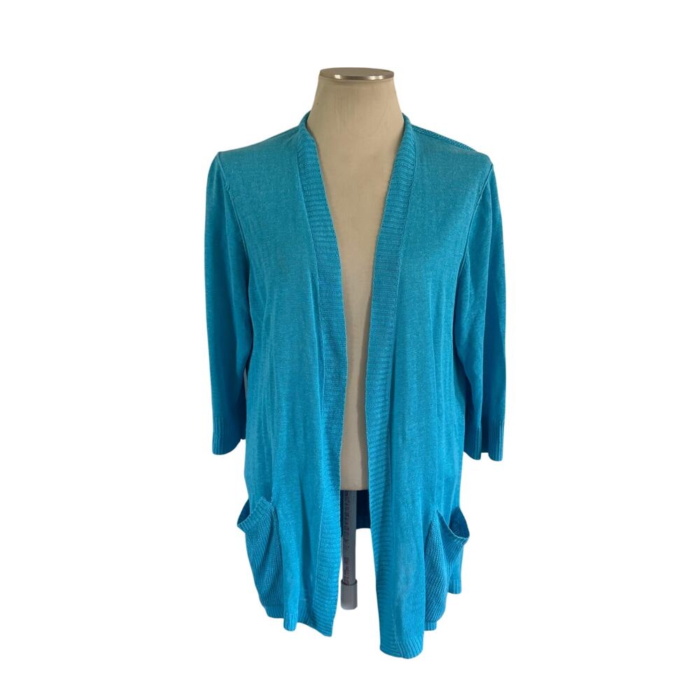 J Jill Blue Linen Open Front Pocket Cardigan Sweater Sz L Modern